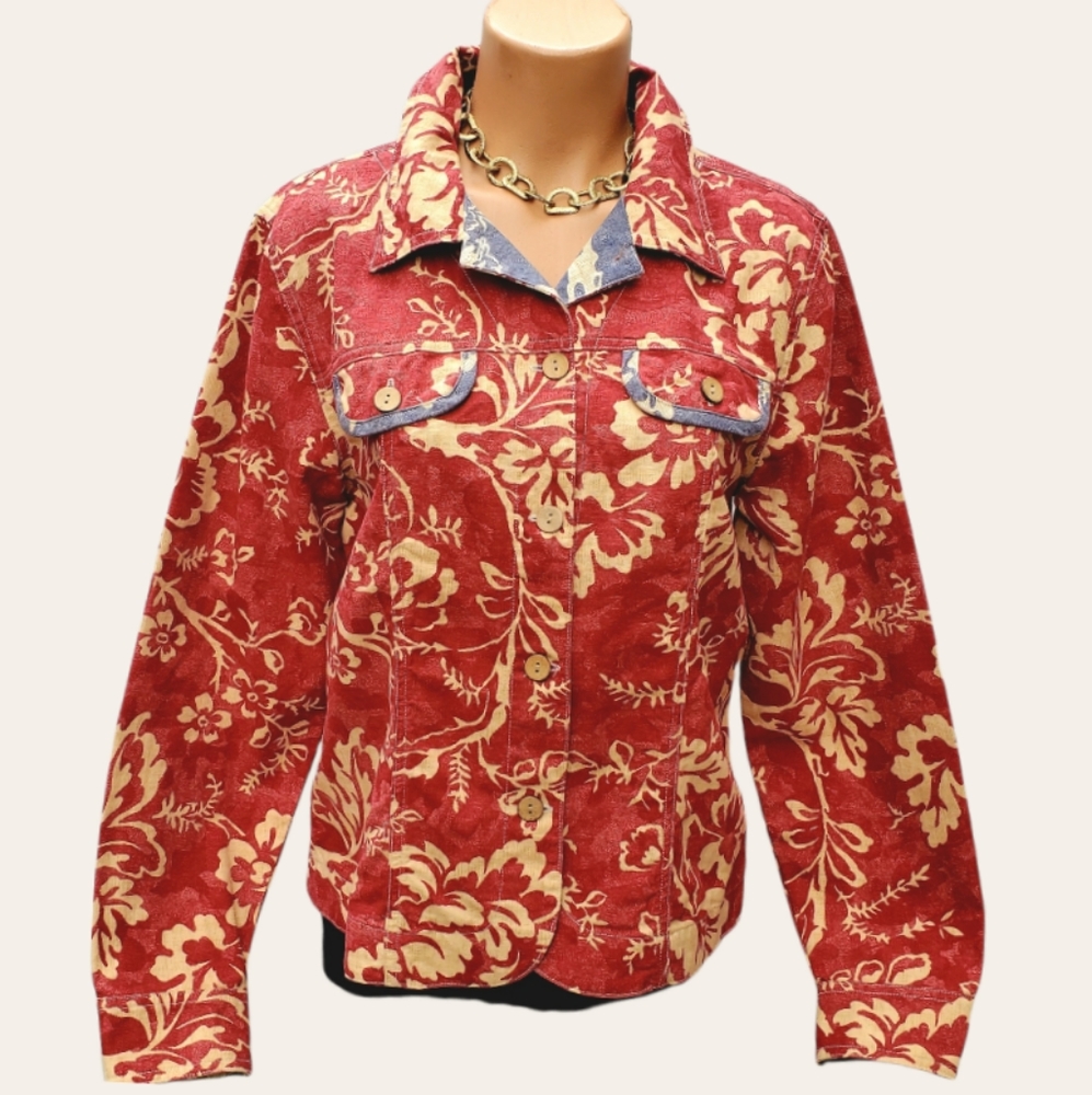 Coldwater Creek Red Floral Denim Jacket w/Blue Trim & Wood Buttons - Womens sz M